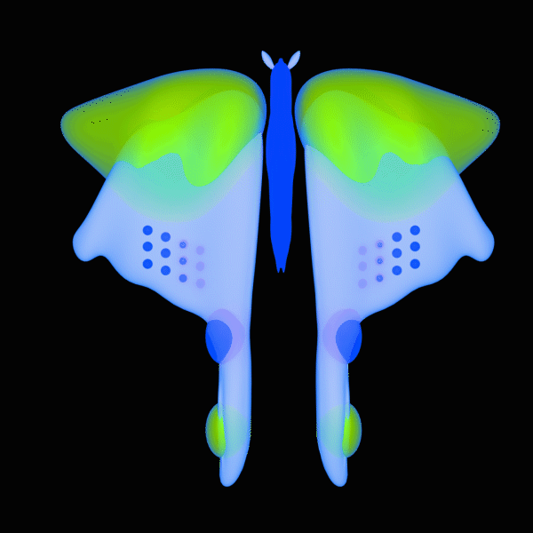 A rotating GIF of a blue and green butterfly