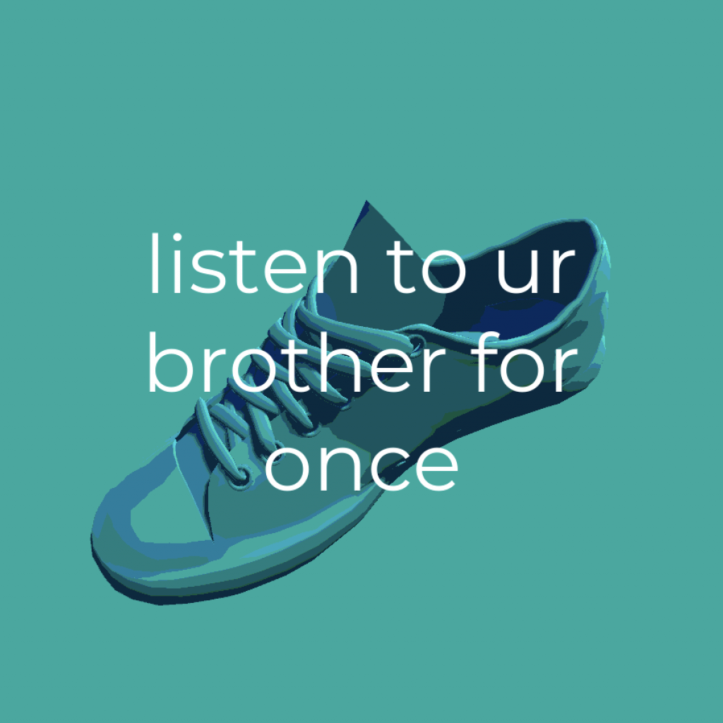 A low-poly shoe with text overlay "listen to ur brother for once"