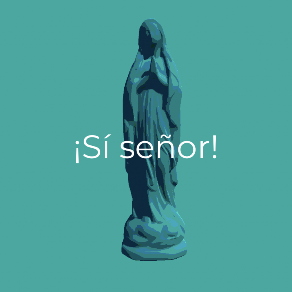 Low-poly Virgin Maria statue with text overlay "¡Sí señor!"