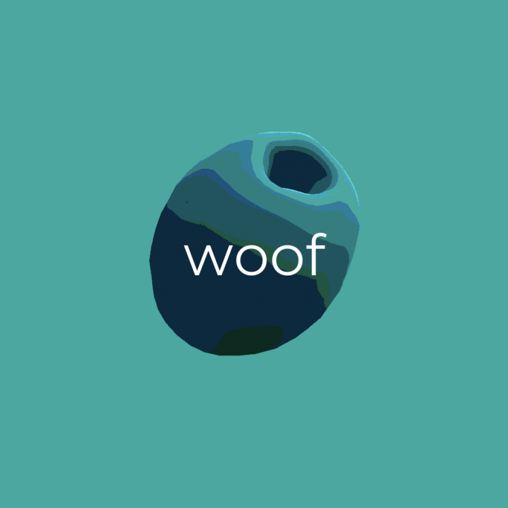 Low-poly olive with text overlay "woof"