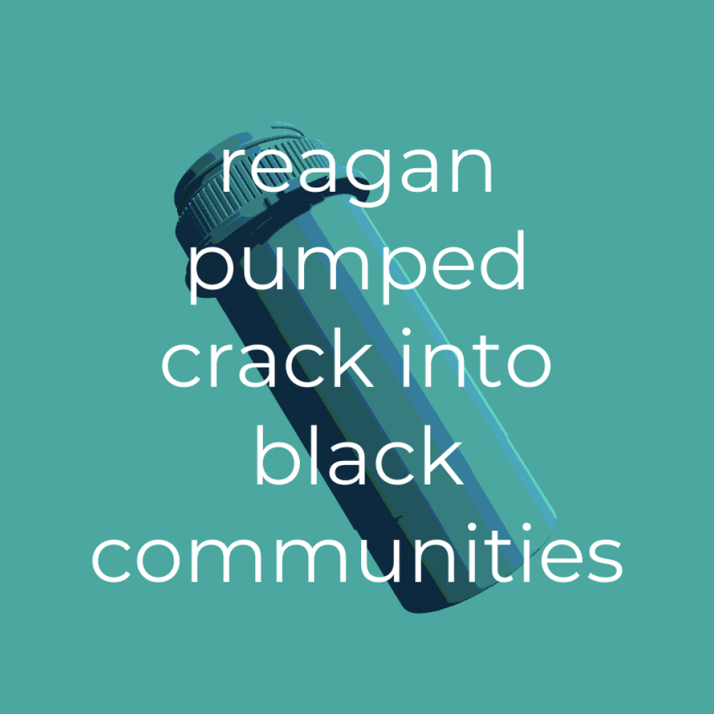 Low-poly prescription pill bottle with text overlay "reagan pumped crack into black communities"