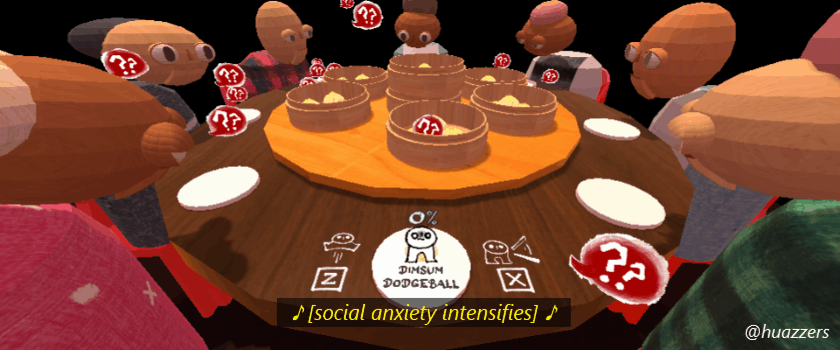 An animated screen capture of the game level which takes place at the dining table. An elf-sized dude stands on an empty plate with "Dimsum Dodgeball" printed on it. The little dude is minding its own business, but is frozen in nervousness, intimidated by a constant stream of speech bubbles containing question-marks being shot out of the mouths of other people gathered at the table. Speech bubbles are bouncing across the table. There is a Lazy Susan at the centre of the table, occasionally spinning. Served atop of the Lazy Susan are generous stacks of dimsum baskets containing bao buns. A speech bubble bumps into the tiny dude, causing them to fall. A caption overlays the image: "music notation social anxiety intensifies."