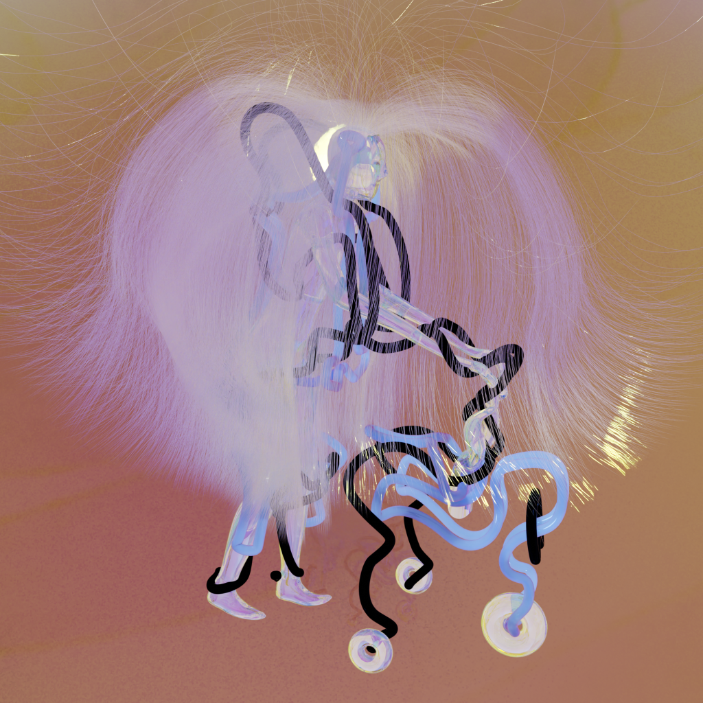 abstract translucent figure connected to a fantasy rollator. 